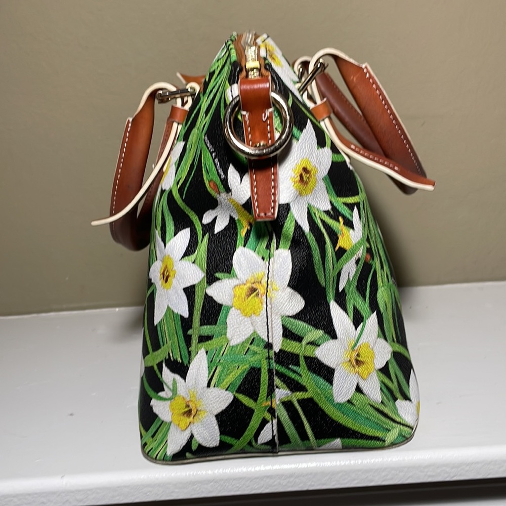 Dooney & Bourke Floral Daffodil Satchel with Brown Leather Handles - Picture 5 of 13